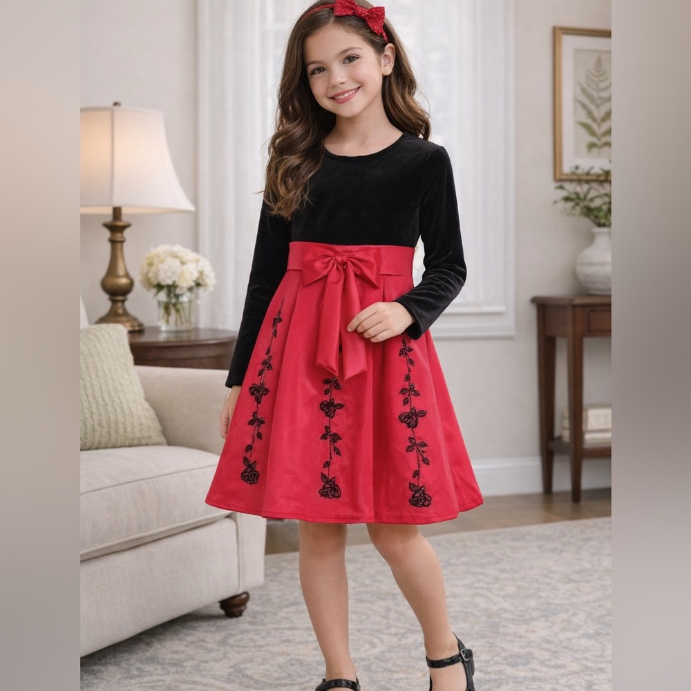 Rare Editions Girls Holiday Velvet Dress Black Red NWT